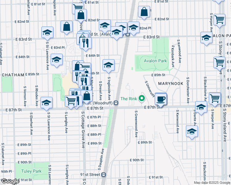 map of restaurants, bars, coffee shops, grocery stores, and more near 950 East 86th Street in Chicago