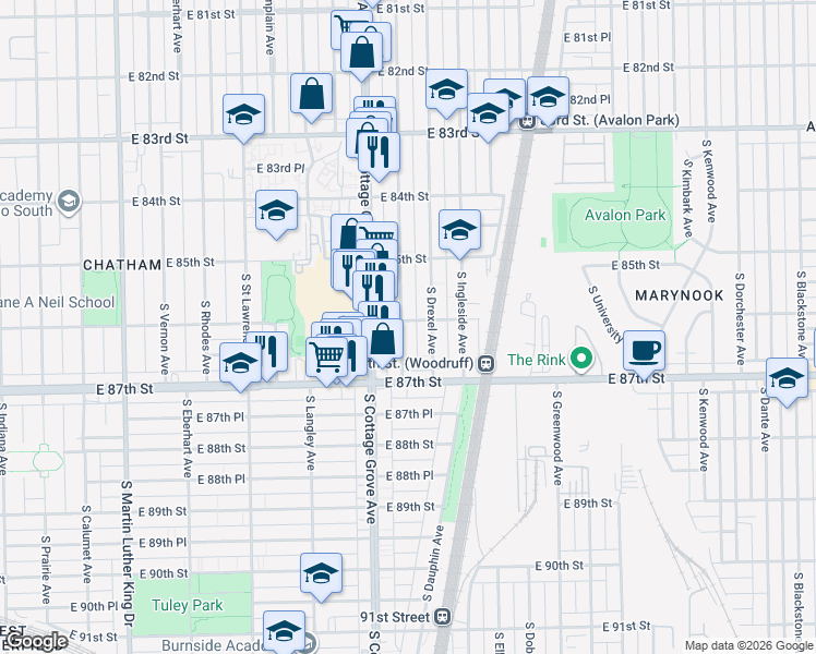 map of restaurants, bars, coffee shops, grocery stores, and more near 8540 South Drexel Avenue in Chicago
