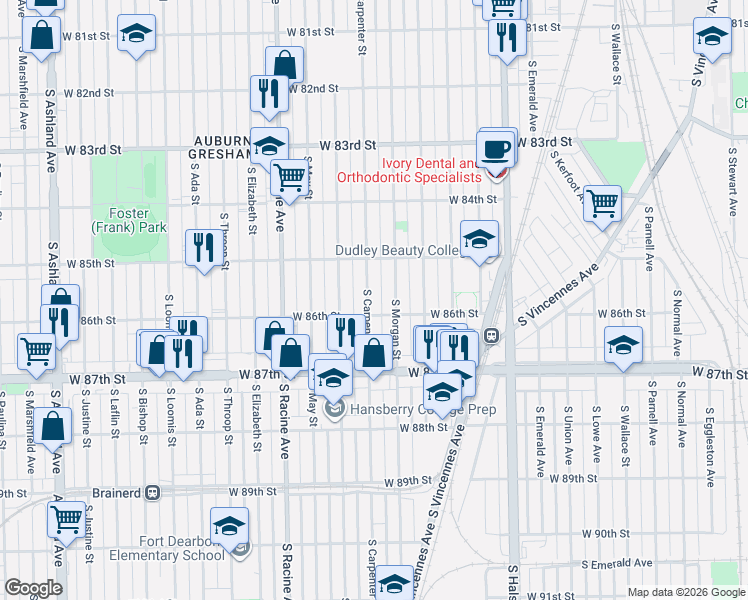 map of restaurants, bars, coffee shops, grocery stores, and more near 8521 South Carpenter Street in Chicago