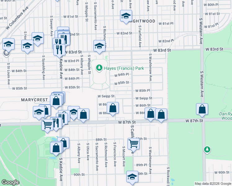 map of restaurants, bars, coffee shops, grocery stores, and more near 2853 West 85th Street in Chicago