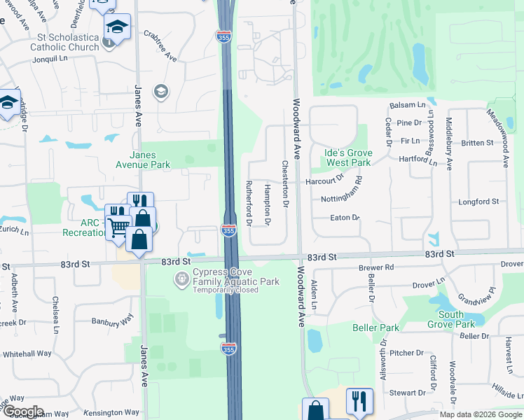 map of restaurants, bars, coffee shops, grocery stores, and more near 8146 Hampton Drive in Woodridge
