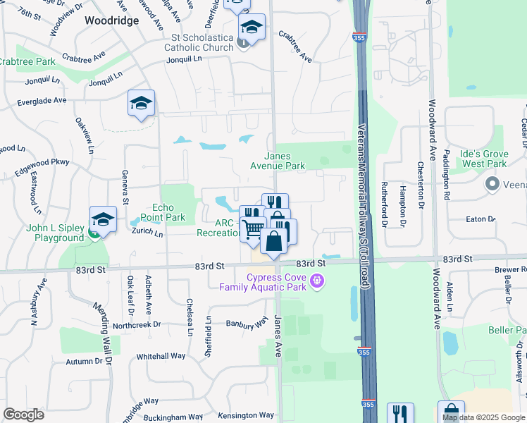 map of restaurants, bars, coffee shops, grocery stores, and more near 2405 Spring Street in Woodridge