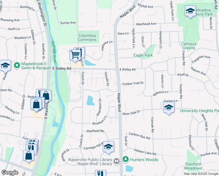 map of restaurants, bars, coffee shops, grocery stores, and more near 1670 Ishnala Drive in Naperville
