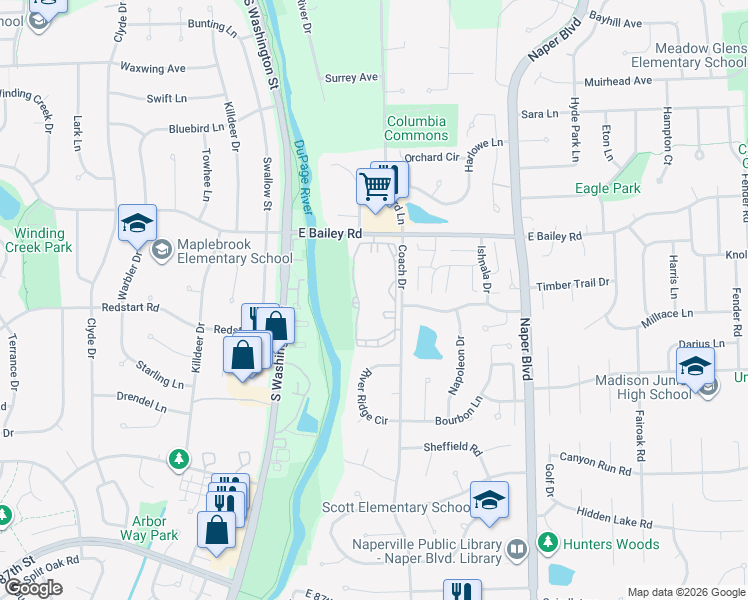 map of restaurants, bars, coffee shops, grocery stores, and more near 228 East Bailey Road in Naperville