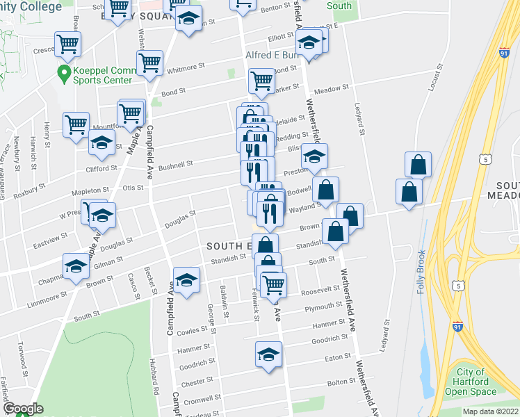 map of restaurants, bars, coffee shops, grocery stores, and more near 413 Franklin Avenue in Hartford