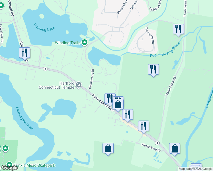 map of restaurants, bars, coffee shops, grocery stores, and more near 29 Fenwick Drive in Farmington
