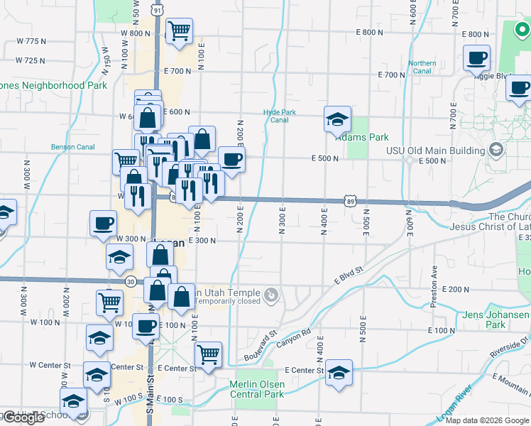 map of restaurants, bars, coffee shops, grocery stores, and more near 240 East 400 North in Logan