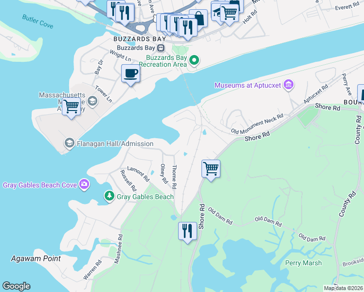 map of restaurants, bars, coffee shops, grocery stores, and more near 10 Bell Road in Bourne