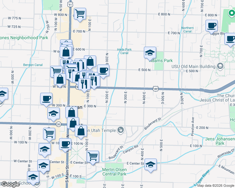 map of restaurants, bars, coffee shops, grocery stores, and more near 240 East 400 North in Logan