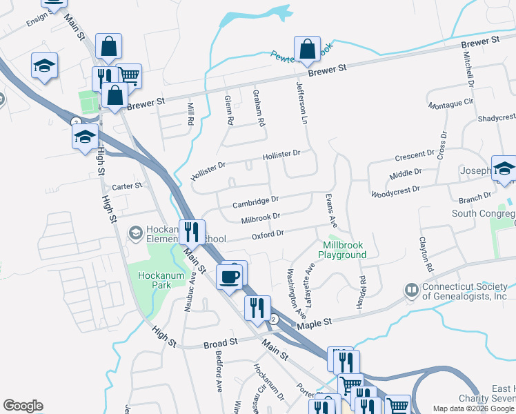 map of restaurants, bars, coffee shops, grocery stores, and more near 61 Cambridge Drive in East Hartford