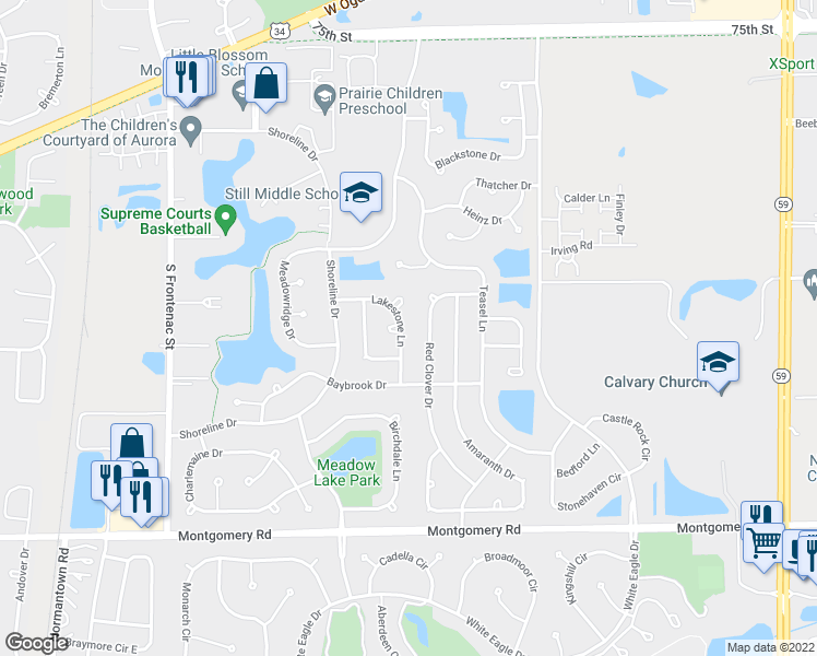 map of restaurants, bars, coffee shops, grocery stores, and more near 1000 Lakestone Lane in Aurora