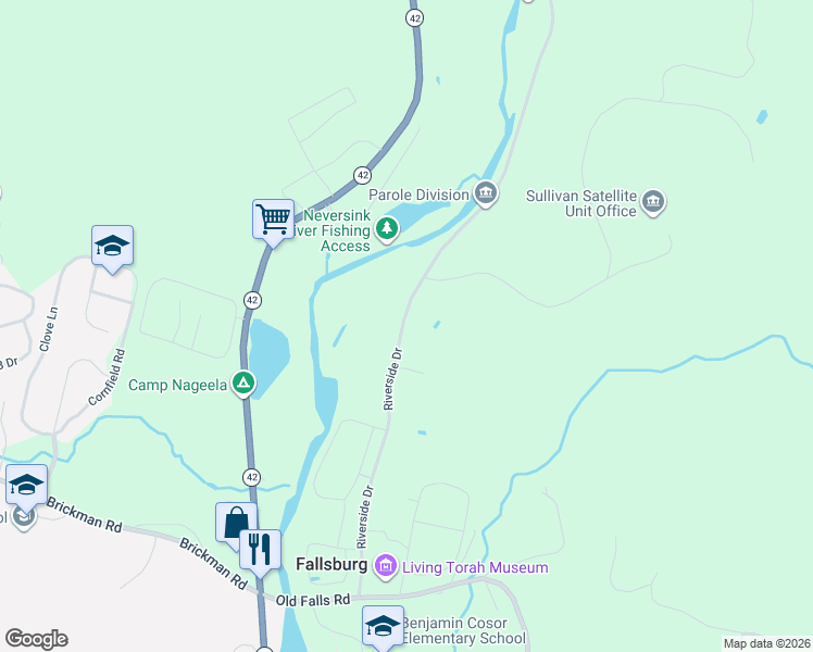 map of restaurants, bars, coffee shops, grocery stores, and more near 35 Riverside Drive in Fallsburg