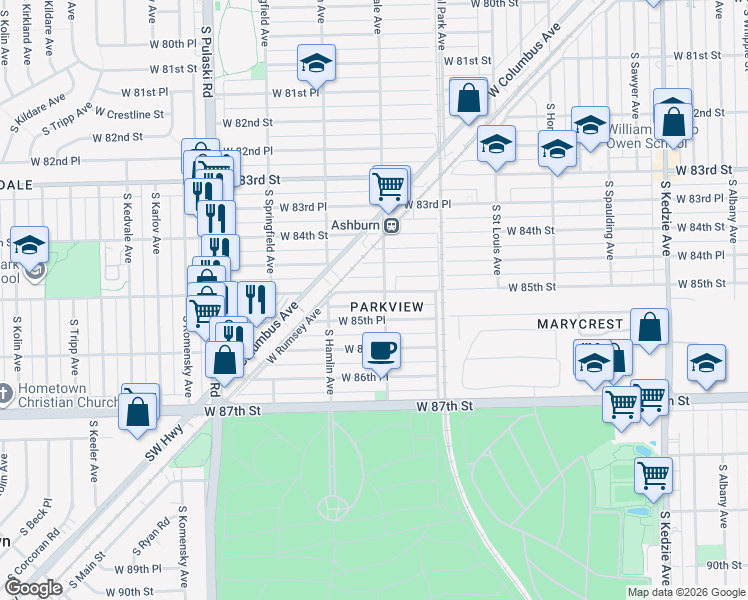 map of restaurants, bars, coffee shops, grocery stores, and more near 3652 West 85th Place in Chicago