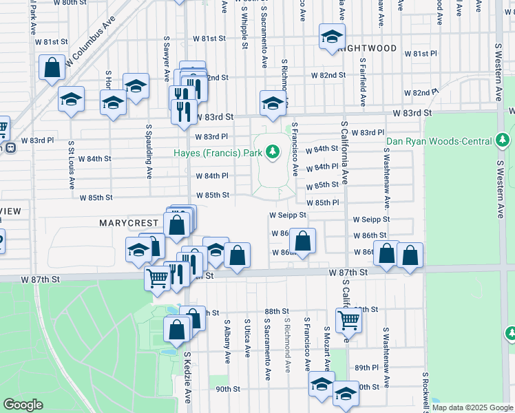 map of restaurants, bars, coffee shops, grocery stores, and more near 2936 West 85th Street in Chicago