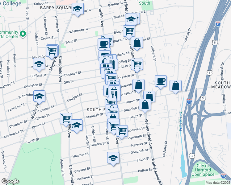 map of restaurants, bars, coffee shops, grocery stores, and more near 416 Franklin Avenue in Hartford