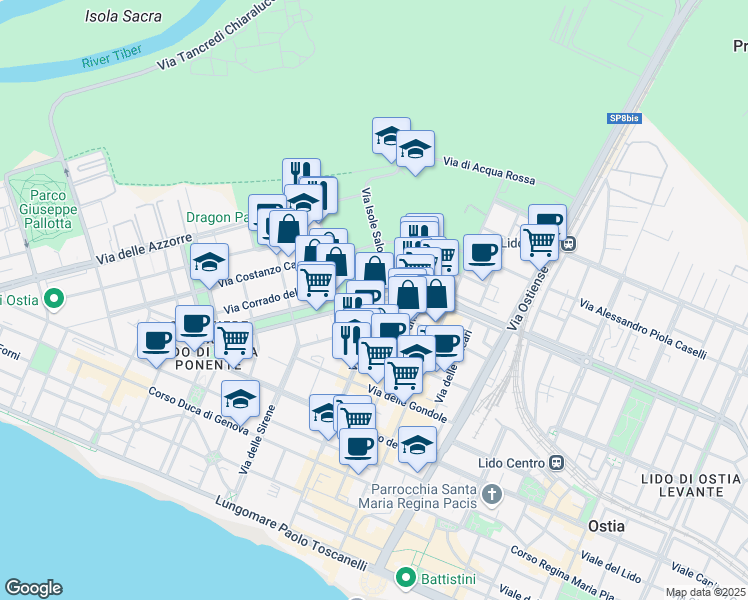map of restaurants, bars, coffee shops, grocery stores, and more near 79 Via Isole del Capo Verde in Lido di Ostia