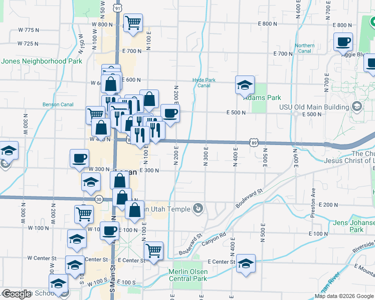 map of restaurants, bars, coffee shops, grocery stores, and more near 235 East 400 North in Logan