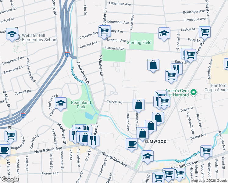 map of restaurants, bars, coffee shops, grocery stores, and more near 7 Nutmeg Court in West Hartford