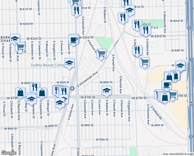 map of restaurants, bars, coffee shops, grocery stores, and more near 8545 South Vincennes Avenue in Chicago