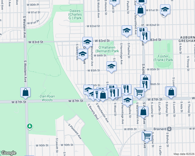 map of restaurants, bars, coffee shops, grocery stores, and more near 8500 South Wolcott Avenue in Chicago