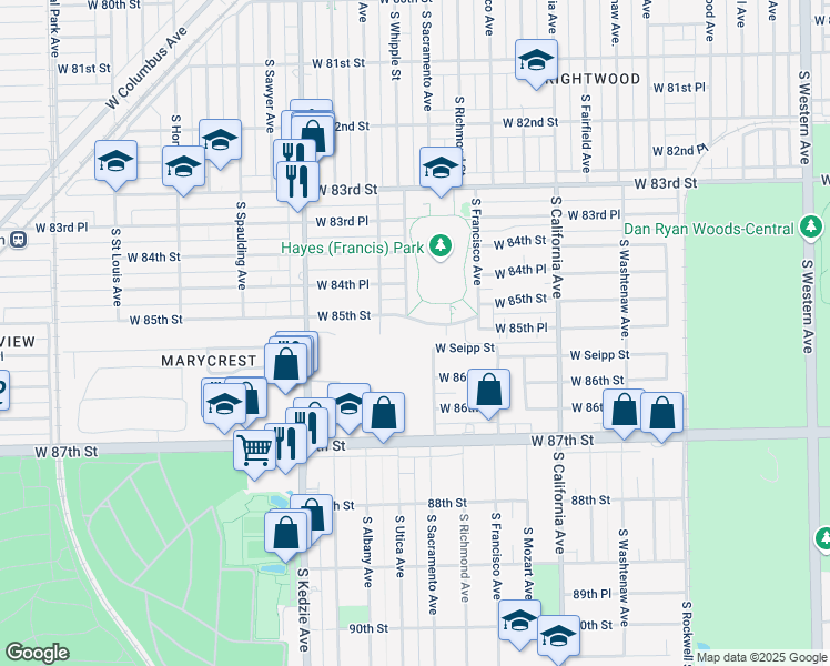 map of restaurants, bars, coffee shops, grocery stores, and more near 2936 West 85th Street in Chicago