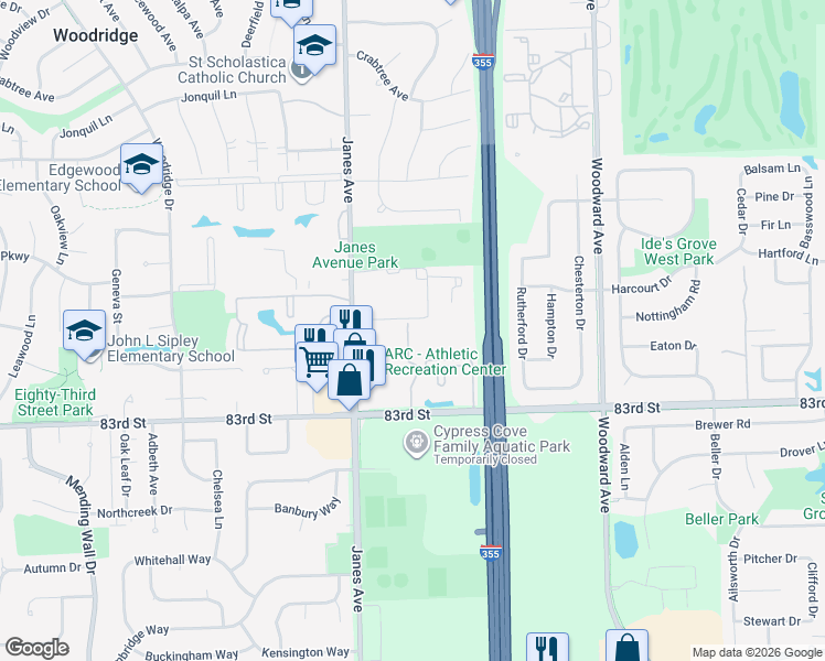 map of restaurants, bars, coffee shops, grocery stores, and more near 8069 Janes Avenue in Woodridge