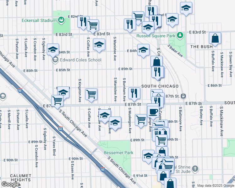 map of restaurants, bars, coffee shops, grocery stores, and more near 8623 South Manistee Avenue in Chicago
