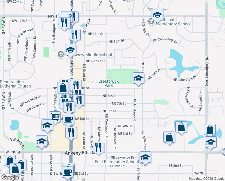 map of restaurants, bars, coffee shops, grocery stores, and more near 418 Northeast 9th Street in Ankeny