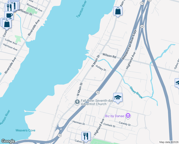 map of restaurants, bars, coffee shops, grocery stores, and more near 3063 North Main Street in Fall River