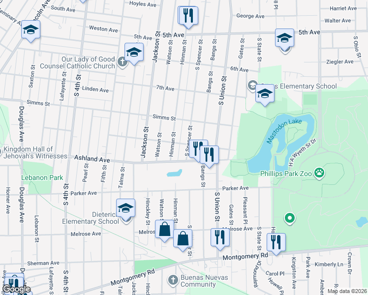 map of restaurants, bars, coffee shops, grocery stores, and more near 590 Binder Street in Aurora