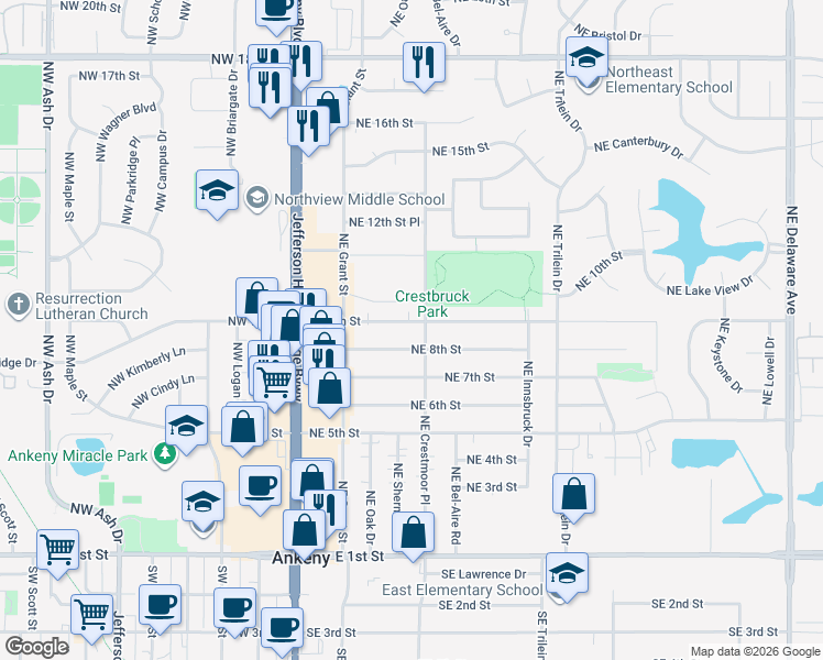 map of restaurants, bars, coffee shops, grocery stores, and more near 326 Northeast 9th Street in Ankeny