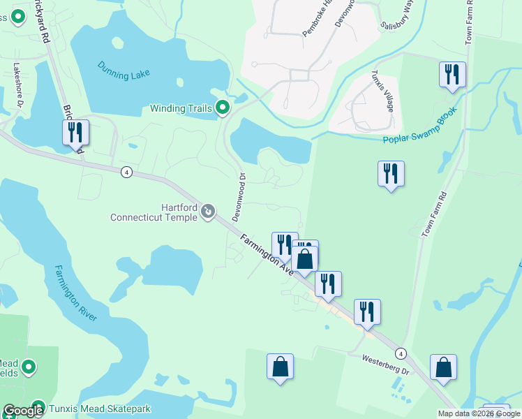 map of restaurants, bars, coffee shops, grocery stores, and more near 22 Fenwick Drive in Farmington