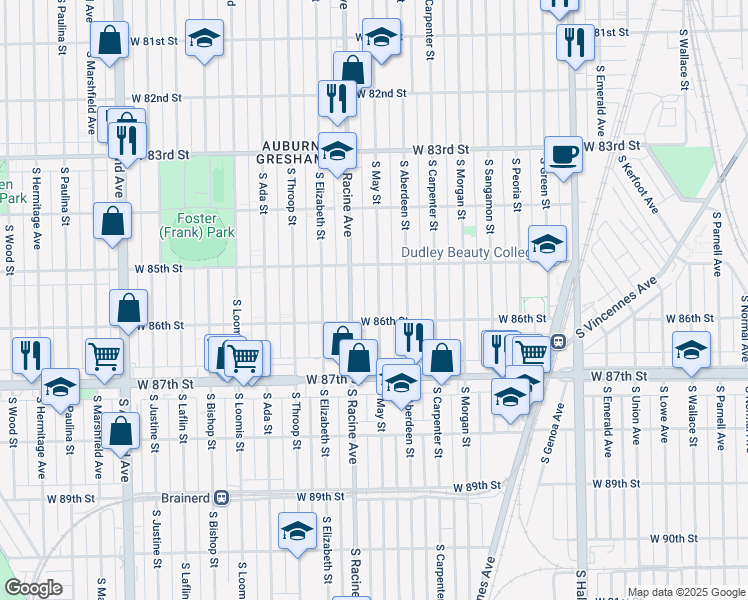 map of restaurants, bars, coffee shops, grocery stores, and more near 8538 South May Street in Chicago