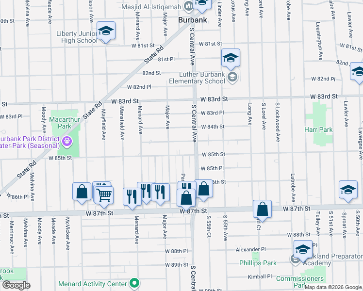 map of restaurants, bars, coffee shops, grocery stores, and more near 5624 84th Place in Burbank