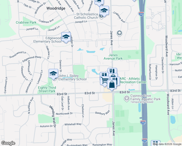map of restaurants, bars, coffee shops, grocery stores, and more near 2541 Spring Street in Woodridge