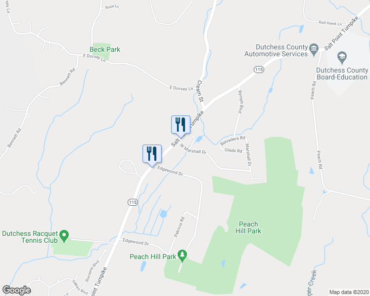 map of restaurants, bars, coffee shops, grocery stores, and more near 33 West Marshall Drive in Poughkeepsie