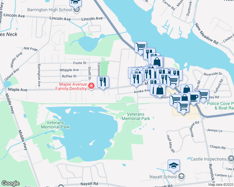 map of restaurants, bars, coffee shops, grocery stores, and more near 178 Prince's Hill Avenue in Barrington