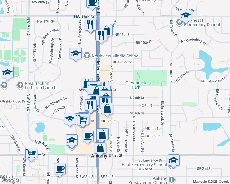 map of restaurants, bars, coffee shops, grocery stores, and more near 202 Northeast 9th Street in Ankeny