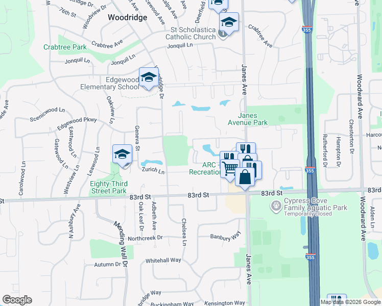 map of restaurants, bars, coffee shops, grocery stores, and more near 2548 Waterbury Drive in Woodridge