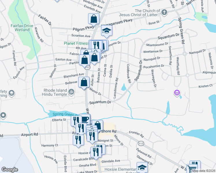 map of restaurants, bars, coffee shops, grocery stores, and more near 3 Shippen Avenue in Warwick