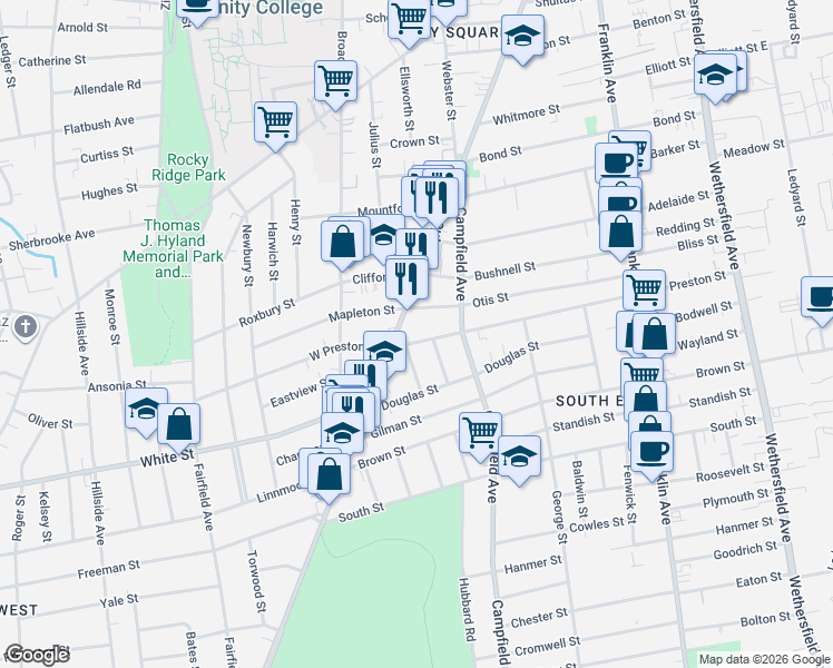 map of restaurants, bars, coffee shops, grocery stores, and more near 209 Otis Street in Hartford