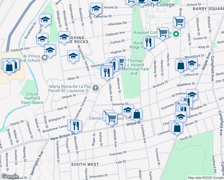 map of restaurants, bars, coffee shops, grocery stores, and more near 445 New Britain Avenue in Hartford