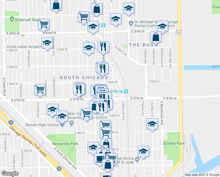 map of restaurants, bars, coffee shops, grocery stores, and more near 8602 South Houston Avenue in Chicago