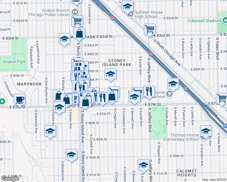 map of restaurants, bars, coffee shops, grocery stores, and more near 8555 South Cregier Avenue in Chicago