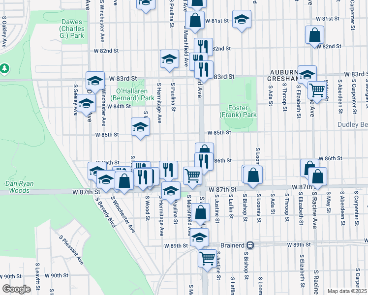 map of restaurants, bars, coffee shops, grocery stores, and more near 8514 South Marshfield Avenue in Chicago