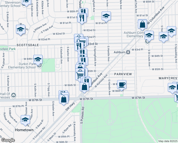map of restaurants, bars, coffee shops, grocery stores, and more near 3919 West 84th Place in Chicago