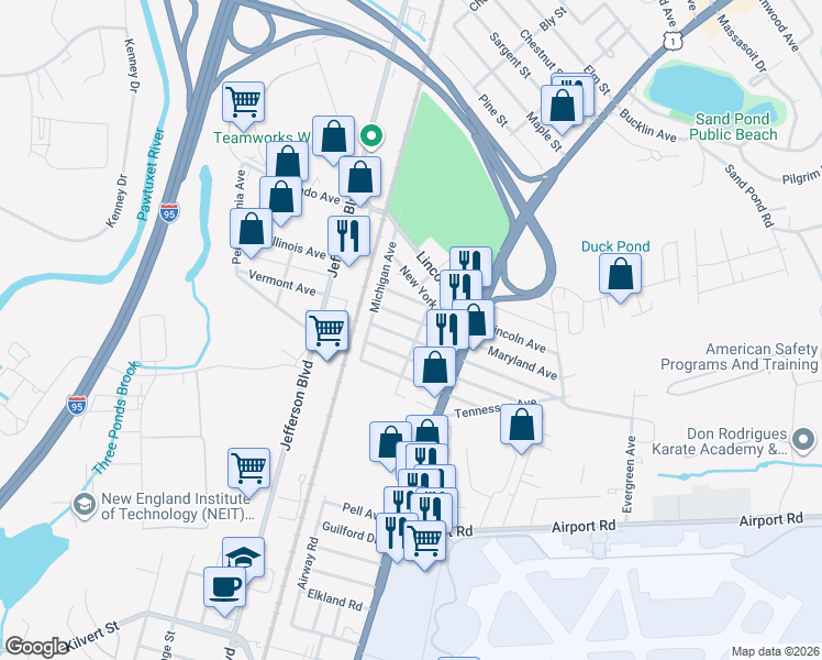 map of restaurants, bars, coffee shops, grocery stores, and more near 175 Massachusetts Avenue in Warwick