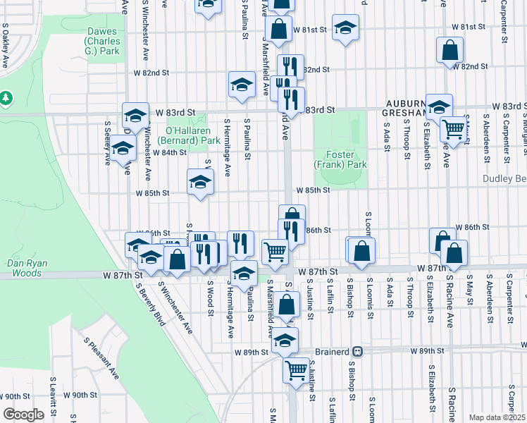 map of restaurants, bars, coffee shops, grocery stores, and more near 8514 South Marshfield Avenue in Chicago