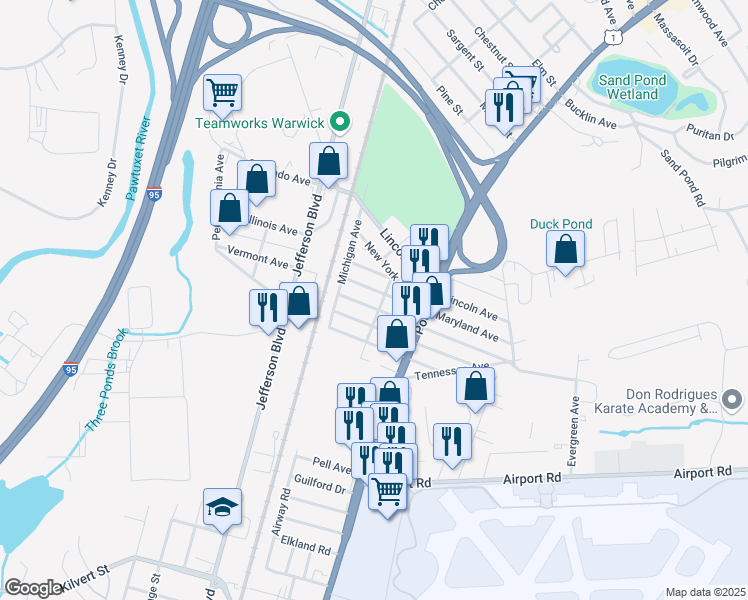 map of restaurants, bars, coffee shops, grocery stores, and more near 183 Maryland Avenue in Warwick