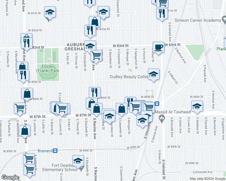 map of restaurants, bars, coffee shops, grocery stores, and more near 8537 South Aberdeen Street in Chicago